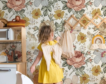 Kids Floral Wallpaper Peel and Stick | Peony Flower Wall Mural