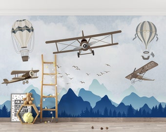 Kids Wallpaper | Soft Mountain, Sky, Air Plane, Hot Air Balloon Wall Mural | Kids Peel and Stick Wallpaper