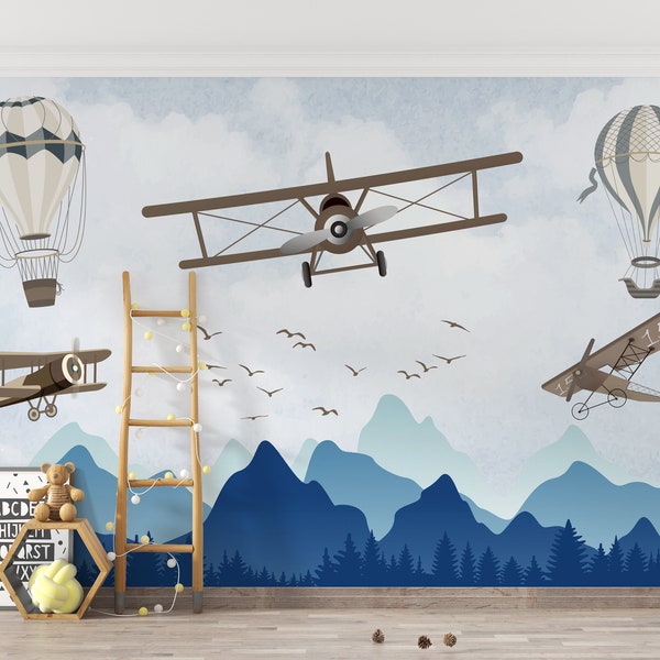 Kids Wallpaper | Soft Mountain, Sky, Air Plane, Hot Air Balloon Wall Mural | Kids Peel and Stick Wallpaper