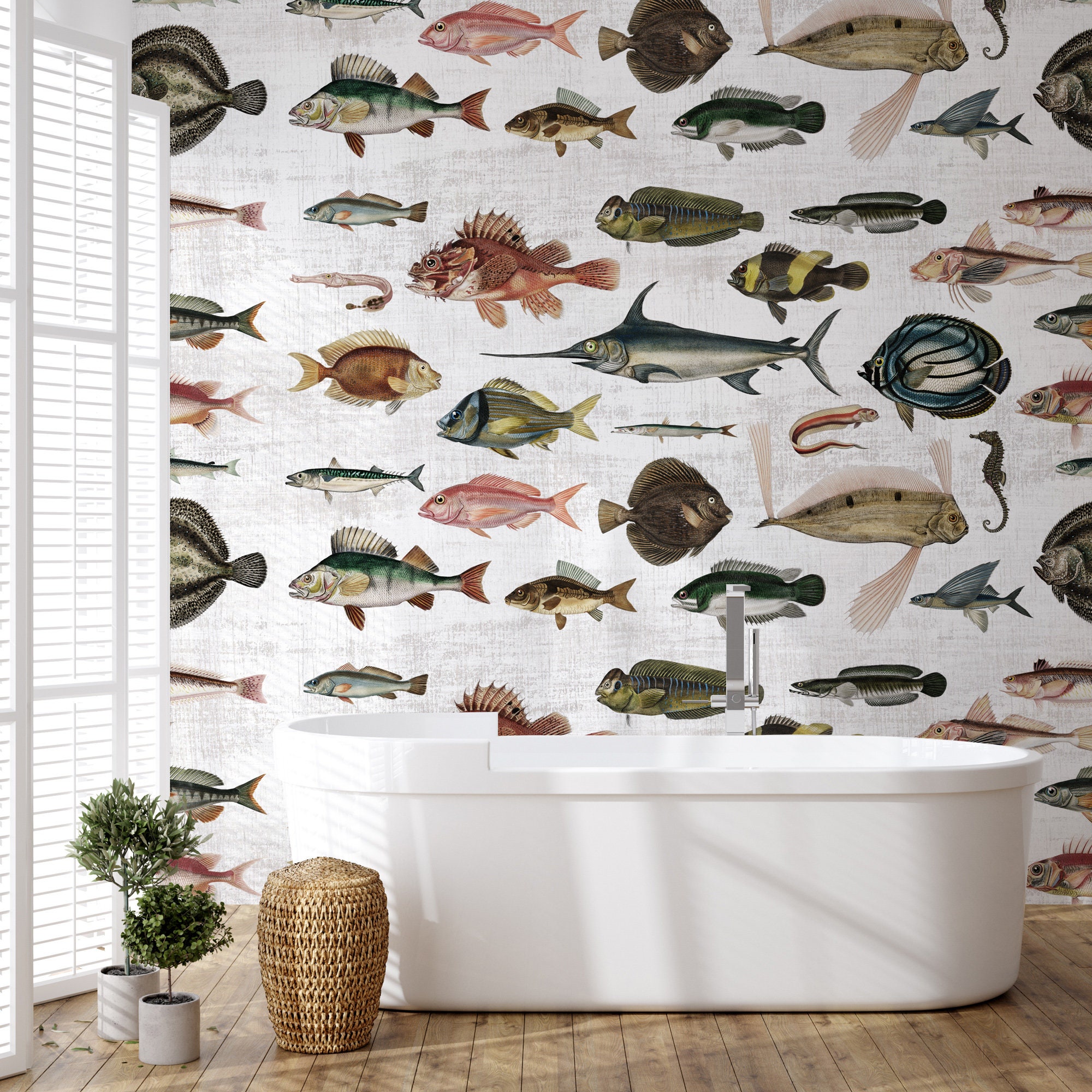Vintage Fish Wallpaper Peel and Stick Removable Wallpaper Fish Wall Mural  Fish Wall Print 