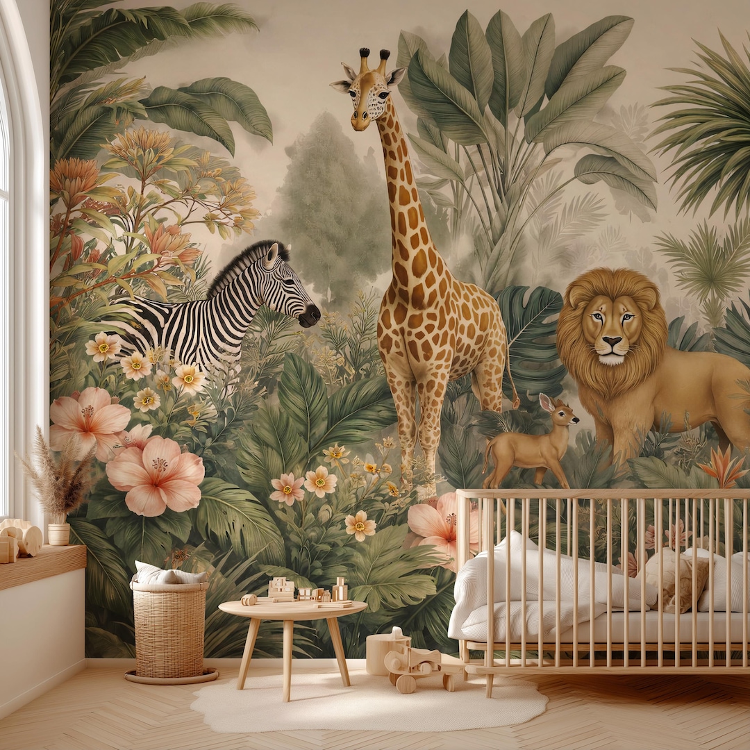 Safari Jungle Animals Nursery Wallpaper | Kids Tropical Peel and Stick ...