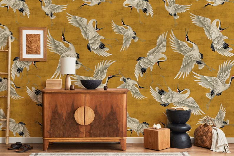 Yellow Crane Birds Wallpaper, Peel and Stick, Vintage Crane Birds Wall Mural, Removable Wallpaper, Chinese Birds Wall Mural, Heron Wallpaper zdjęcie 6