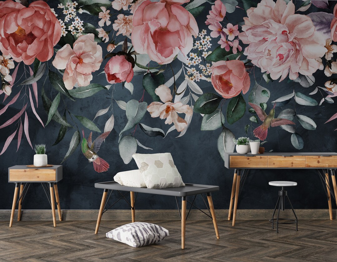 Dark Floral Peony Wallpaper | Watercolor Peel and Stick Flowers Wall ...