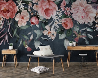 Dark Floral Peony Wallpaper | Watercolor Peel and Stick Flowers Wall Mural | Removable