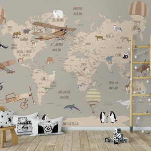 Papel tapiz con mapa para niños, Mural de pared con mapa del mundo político, globo aerostático, cubierta de pared para animales, habitación infantil imagen 1