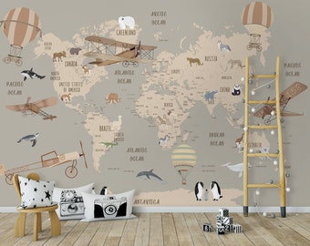 Kids Map Wallpaper Political World Map Wall Mural Hot Air Balloon Animals Wall Cover Kids Room Nursery