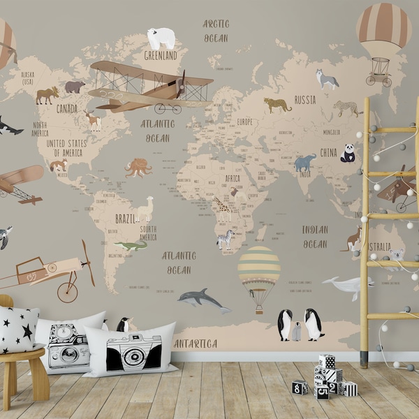 Papel tapiz con mapa para niños, Mural de pared con mapa del mundo político, globo aerostático, cubierta de pared para animales, habitación infantil
