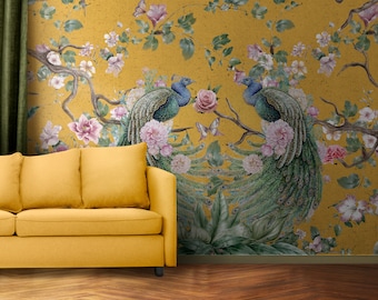 Chinoiserie Wallpaper Peel and Stick | Peacock Wallpaper with Floral Wall Mural