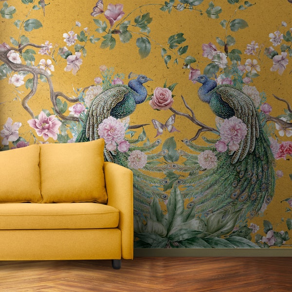 Chinoiserie Wallpaper Peel and Stick | Peacock Wallpaper with Floral Wall Mural