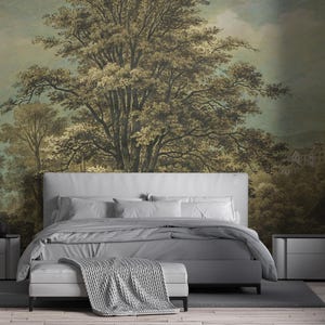 Vintage Tree Mural, Antique Landscape Wallpaper, Muted Scenery Decor