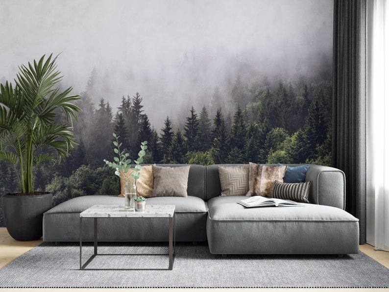 Forest Wallpaper Nature Wall Mural Peel and Stick Self Adhesive Foggy Forest Mural Living Room image 4