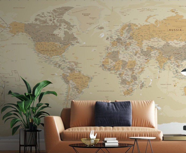World Map Wallpaper Peel and Stick Soft Political Map Wall Etsy