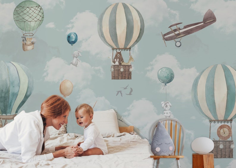 Kids Wallpaper Peel and Stick Kids Animals with Hot Air Balloon Wall Mural image 8