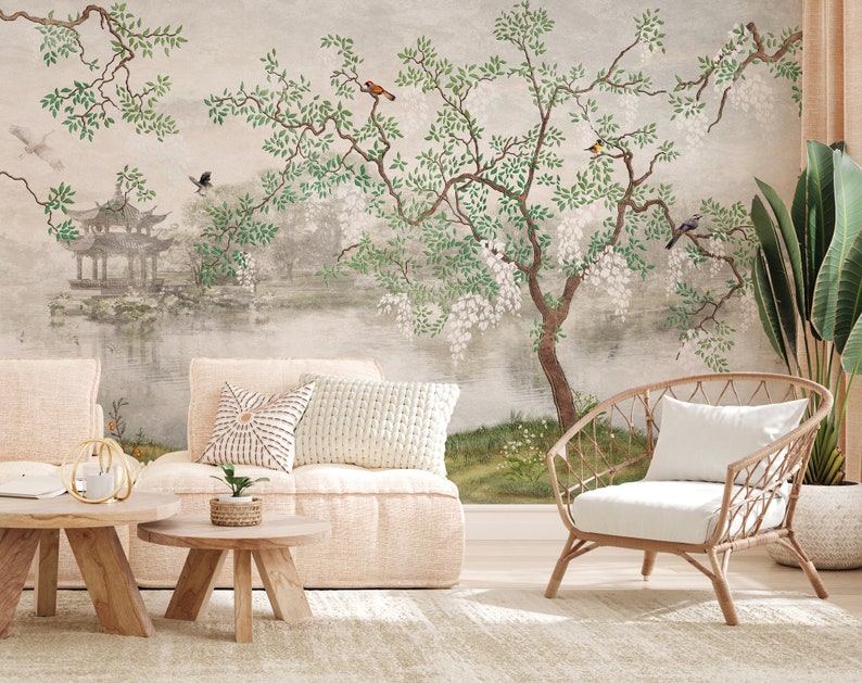 Chinoiserie Wallpaper Peel and Stick, Removable Wallpaper, Boho Floral Wall Mural image 7