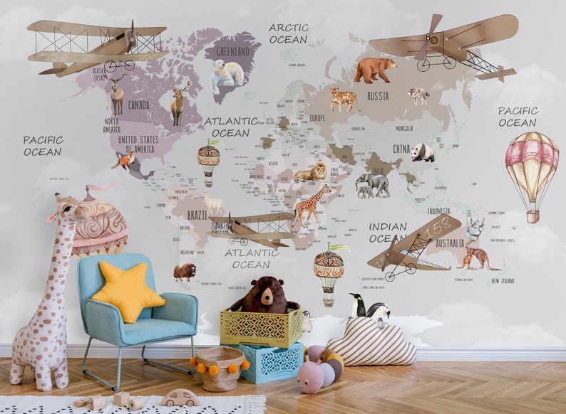 Kids Map Wallpaper Peel and Stick Kids World Map Wall Mural Educational Map Wallpaper image 5