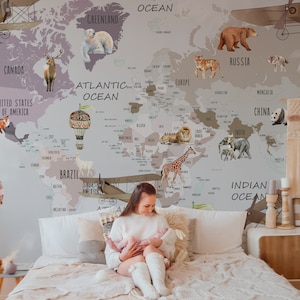 Kids Map Wallpaper Peel and Stick Kids World Map Wall Mural Educational Map Wallpaper image 4