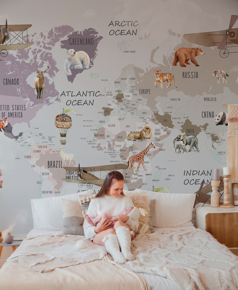 Kids Map Wallpaper Peel and Stick Kids World Map Wall Mural Educational Map Wallpaper image 4