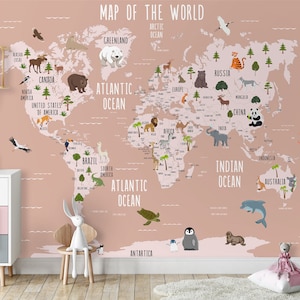 Child Map Wallpaper Peel and Stick Removable Self Adhesive World Map Wall Mural Little Animals Wallpaper Kids Room Pink