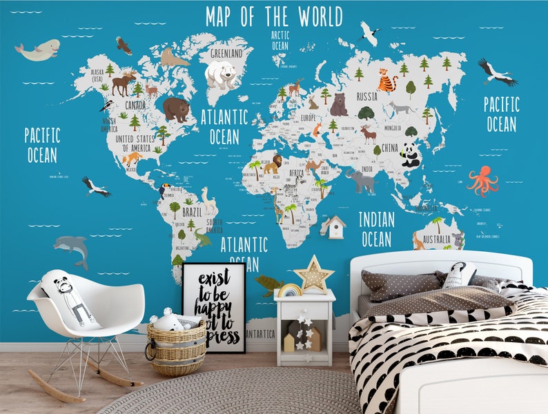 Child Map Wallpaper Peel and Stick Removable Self Adhesive World Map Wall Mural Little Animals Wallpaper Kids Room Blue