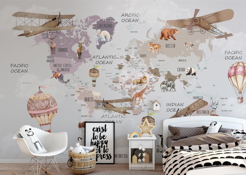 Kids Map Wallpaper Peel and Stick Kids World Map Wall Mural Educational Map Wallpaper image 1