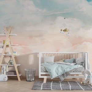 Kids Pastel Sky Cloud Wallpaper | Soft Watercolor Sky Wall Mural | Peel ...