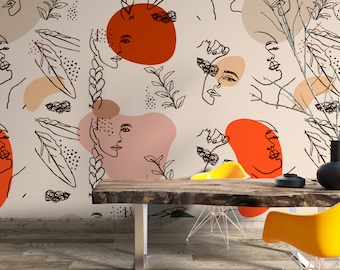 Art Wallpaper Peel and Stick | Drawing Woman Faces Wall Mural