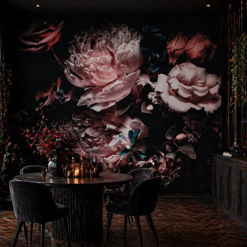 Papel pintado floral oscuro, mural de pared de peonías sombrías, arte mural botánico / autoadhesivo