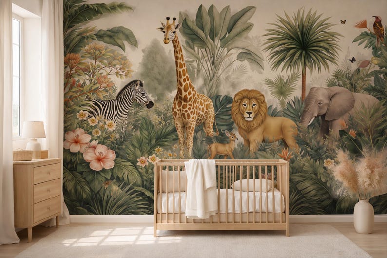Safari Jungle Animals Nursery Wallpaper | Kids Tropical Peel and Stick ...