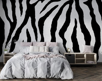 Abstract Art Wallpaper | Zebra Fur Wall Mural | Black and White Wallpaper Peel and Stick