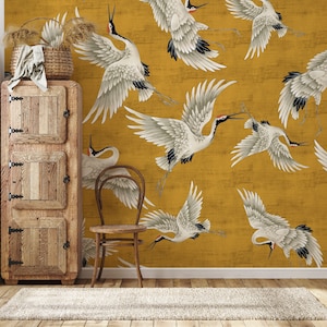 Yellow Crane Birds Wallpaper, Peel and Stick, Vintage Crane Birds Wall Mural, Removable Wallpaper, Chinese Birds Wall Mural, Heron Wallpaper zdjęcie 4