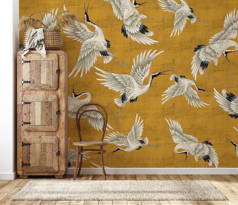 Yellow Crane Birds Wallpaper, Peel and Stick, Vintage Crane Birds Wall Mural, Removable Wallpaper, Chinese Birds Wall Mural, Heron Wallpaper zdjęcie 4