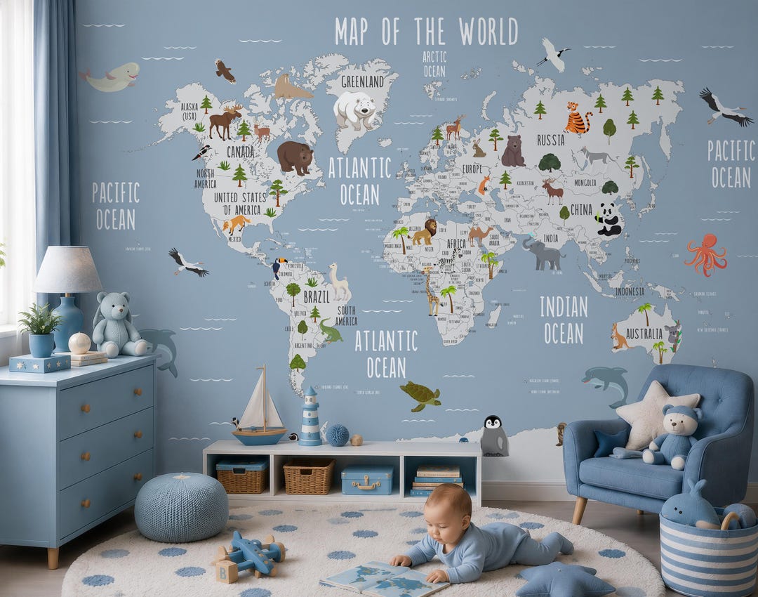 Kids Animal World Map Wallpaper | Peel and Stick Educational Map Wall ...