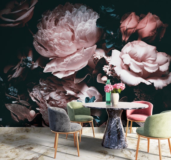 Large Dark Peony Floral Wallpaper Peel and Stick Dark Floral Wall Mural 