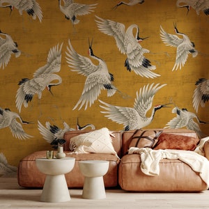Yellow Crane Birds Wallpaper, Peel and Stick, Vintage Crane Birds Wall Mural, Removable Wallpaper, Chinese Birds Wall Mural, Heron Wallpaper zdjęcie 7