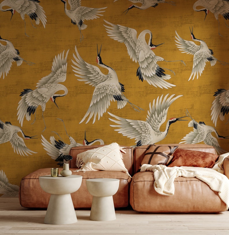 Yellow Crane Birds Wallpaper, Peel and Stick, Vintage Crane Birds Wall Mural, Removable Wallpaper, Chinese Birds Wall Mural, Heron Wallpaper zdjęcie 7