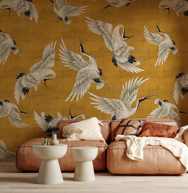 Yellow Crane Birds Wallpaper Peel and Stick Vintage Crane Etsy