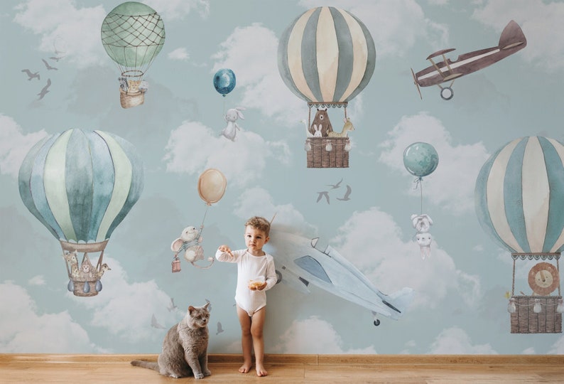Kids Wallpaper Peel and Stick Kids Animals with Hot Air Balloon Wall Mural image 1