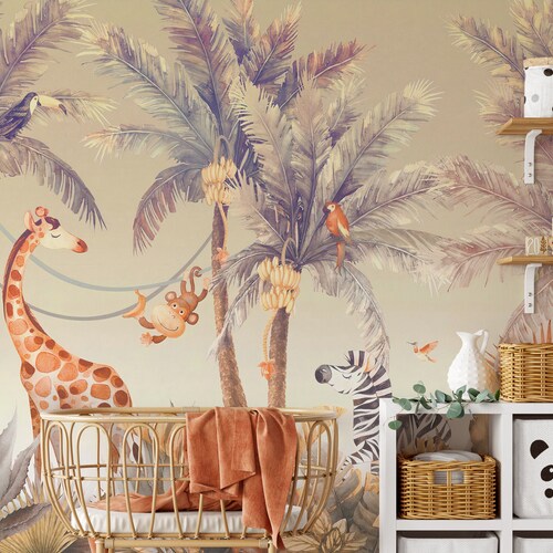 Kids Wallpaper Peel and Stick Safari Animals With Flowers Wall Etsy