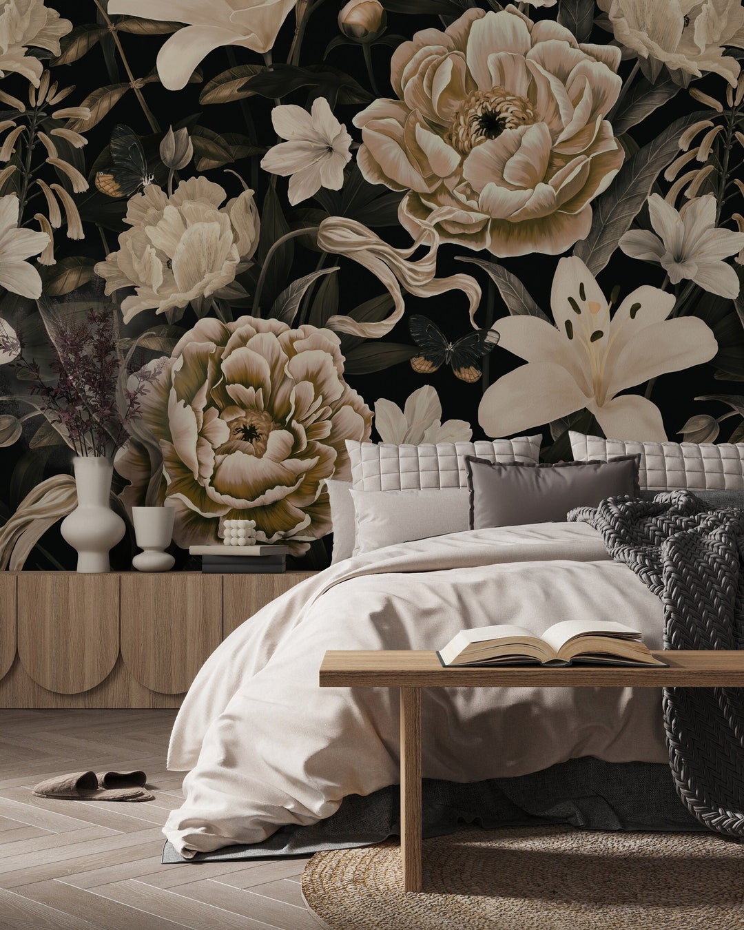 Moody Floral Wallpaper | Dark Rose Wall Mural | Romantic Peony Wall Art ...