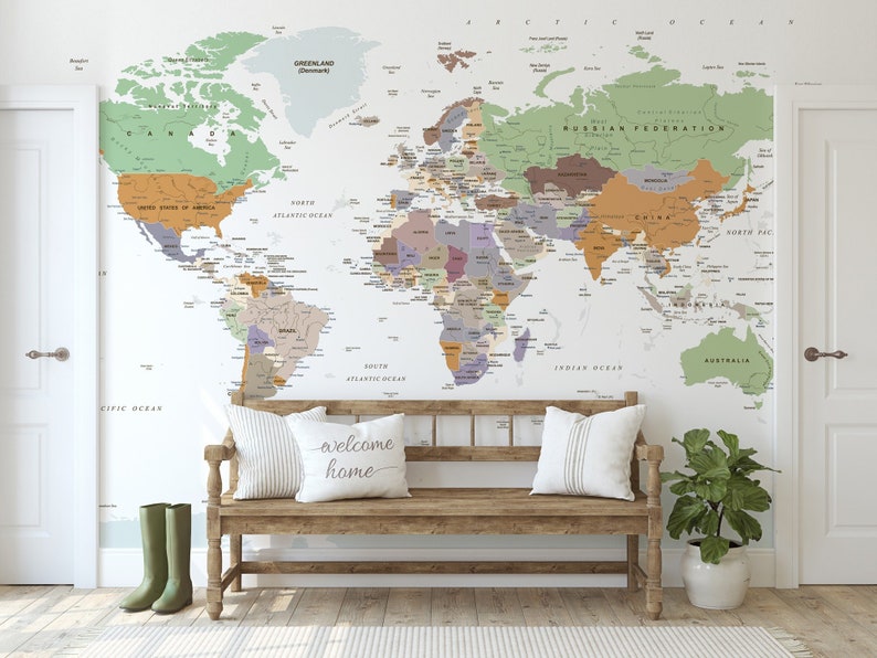 Political World Map Wallpaper Peel and Stick Soft Map Wall - Etsy