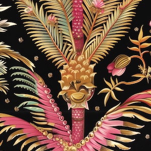 May include: A textile pattern featuring a central palm tree with a magenta trunk and golden fronds against a black background. The design includes stylized pink and gold foliage, small circular accents, and floral elements arranged symmetrically.