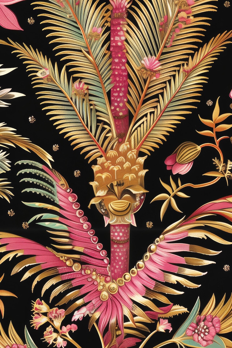 May include: A textile pattern featuring a central palm tree with a magenta trunk and golden fronds against a black background. The design includes stylized pink and gold foliage, small circular accents, and floral elements arranged symmetrically.
