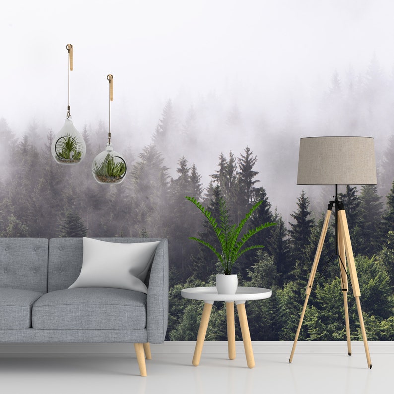 Forest Wallpaper Nature Wall Mural Peel and Stick Self Adhesive Foggy Forest Mural Living Room image 5