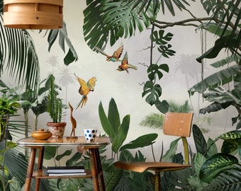 Rainforest Wallpaper- Tropical Wall Mural- Removable-  Tropical Forest- Palm Tree- Peel and Stick- Self Adhesive- Living Room Decor