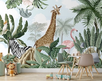 Kids Wallpaper | Tropical Safari Animals Wall Mural | Peel and Stick Wallpaper | Wild Life Wall Mural