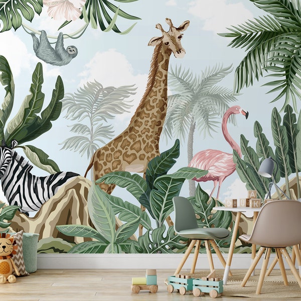 Kids Wallpaper | Tropical Safari Animals Wall Mural | Peel and Stick Wallpaper | Wild Life Wall Mural