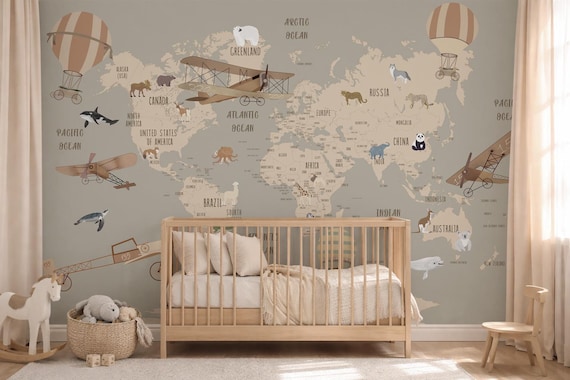Neutral Kids World Map Wallpaper | Beige Nursery Animals & Hot Air Balloons Wall Mural