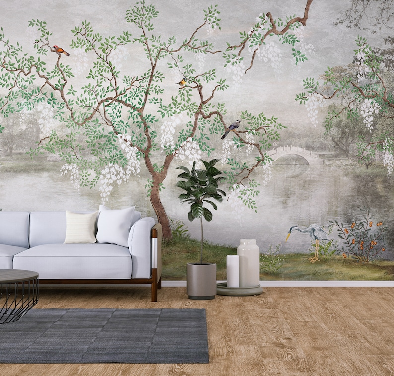 Chinoiserie Wallpaper Peel and Stick, Removable Wallpaper, Boho Floral Wall Mural image 8