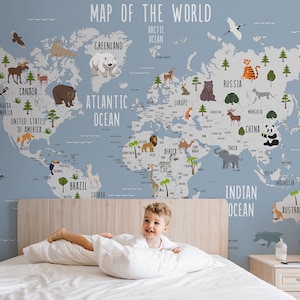 Child Map Wallpaper Peel and Stick Removable Self Adhesive World Map Wall Mural Little Animals Wallpaper Kids Room image 1