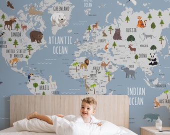 Child Map Wallpaper Peel and Stick Removable Self Adhesive World Map Wall Mural Little Animals Wallpaper Kids Room